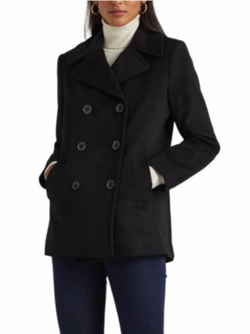 Women's Double-Breasted Pea Coat in Black outdoors preppy office Size 6